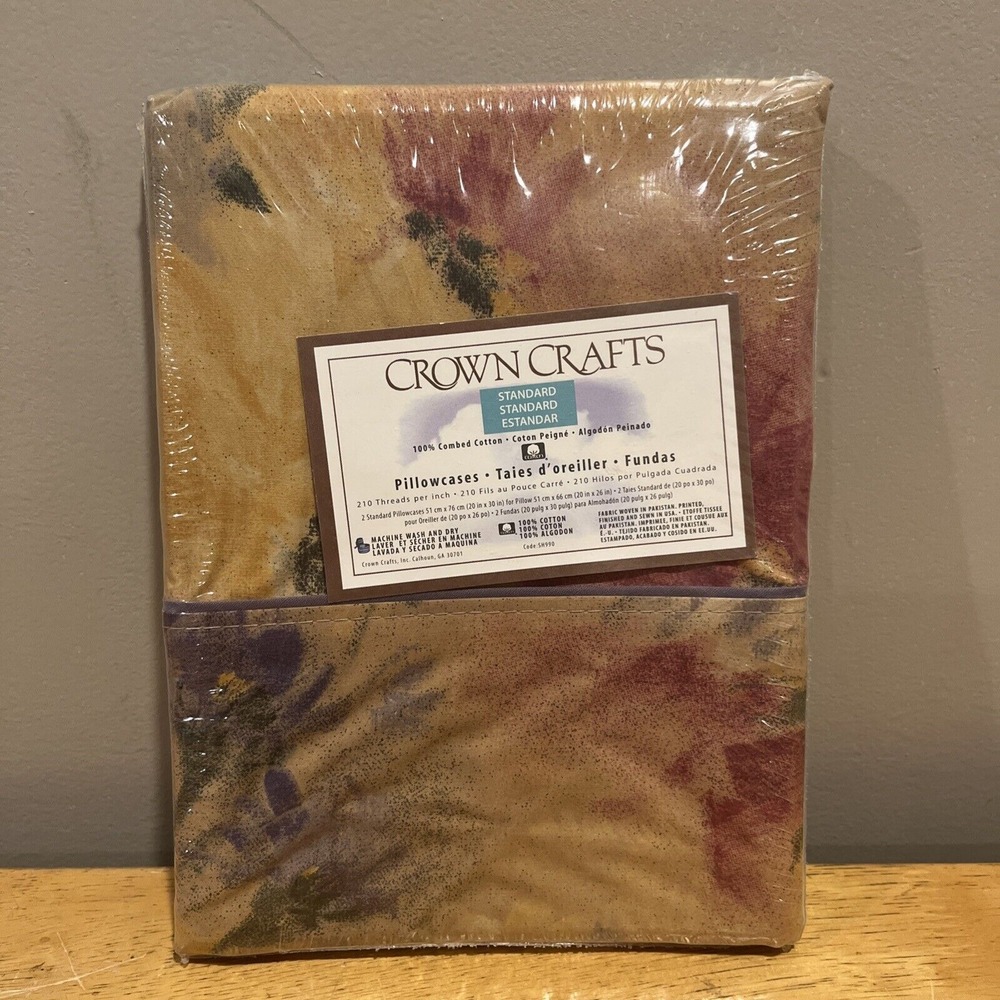 Vintage Crown Crafts Standard Pillowcases NIP Ramballet Brown‎ Floral Watercolor